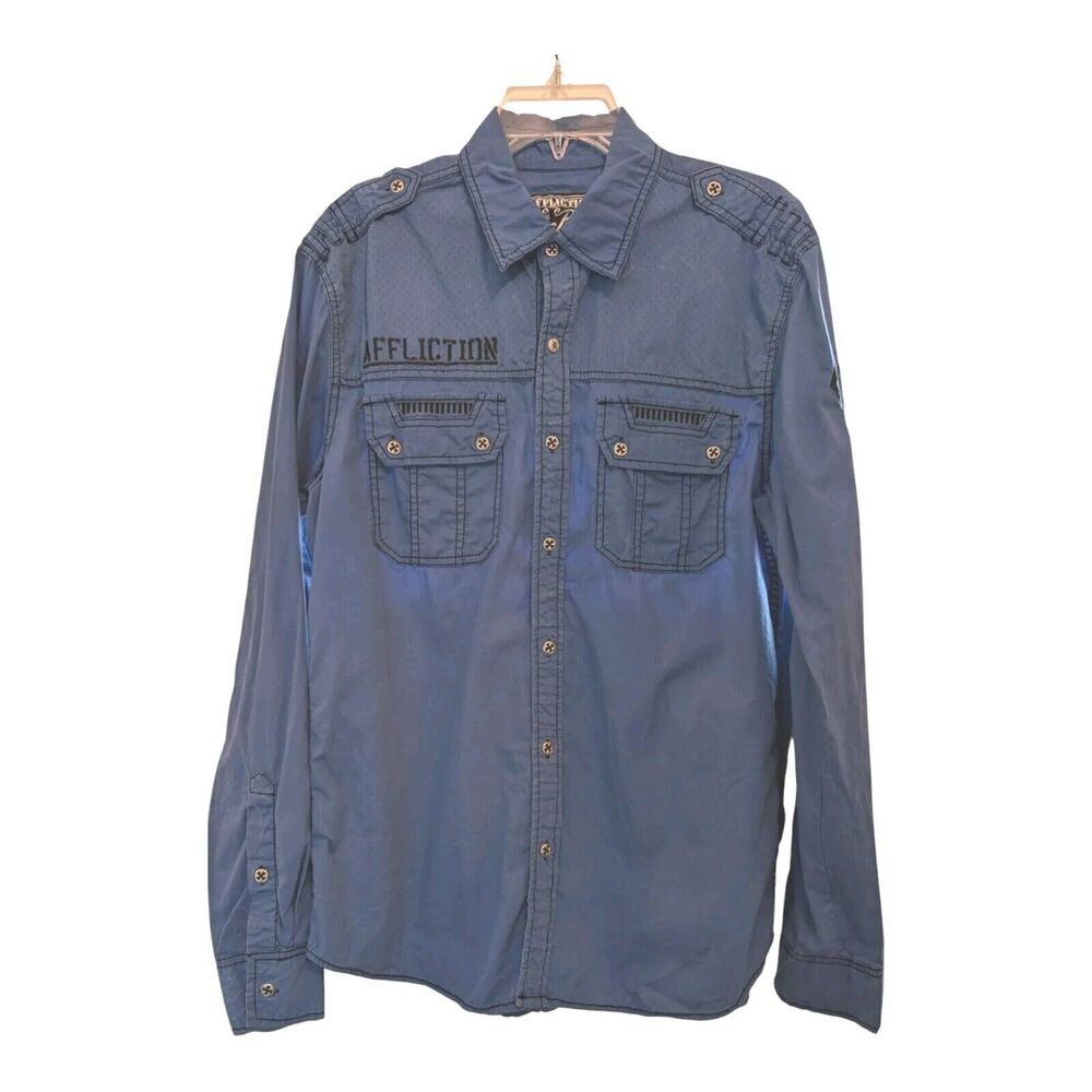 Affliction Black Premium Men's Long Sleeve Button Up Shirt Blue Large